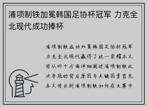浦项制铁加冕韩国足协杯冠军 力克全北现代成功捧杯