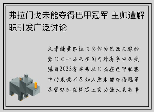弗拉门戈未能夺得巴甲冠军 主帅遭解职引发广泛讨论 弗拉门戈未能夺得巴甲冠军 主帅遭解职引发广泛讨论
